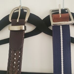 Men's belts 2-pk Size 42, 1-leather brown weave & 1-navy fabric & leather